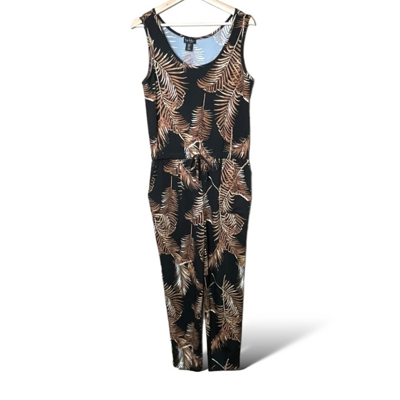 NICOLE MILLER Black w/ Brown Leaf Print Jumpsuit Elasticized Waist Side Pockets - Picture 4 of 12